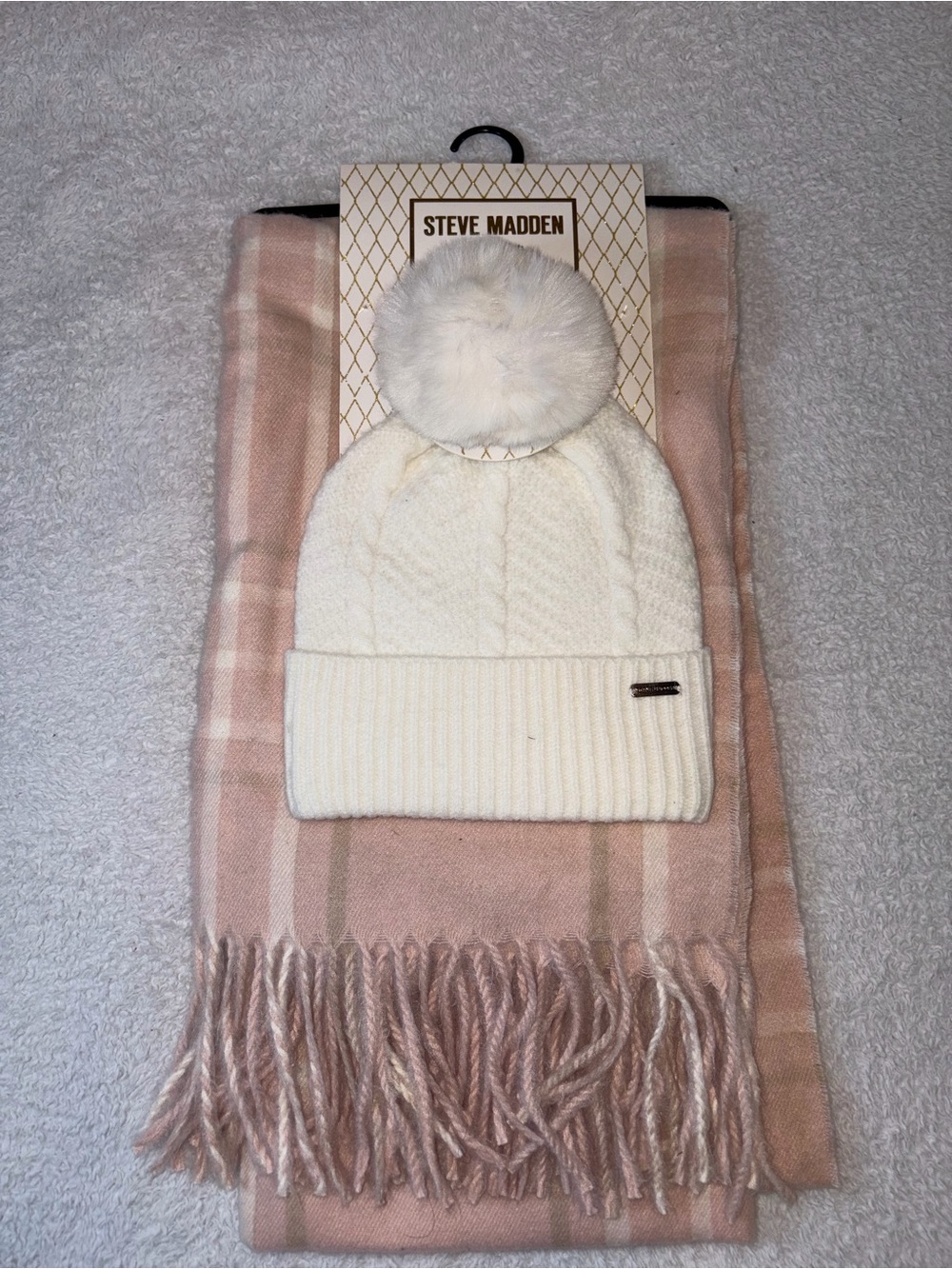 Steve Madden Cream Knit Pom Beanie with Blush Plaid Scarf Set